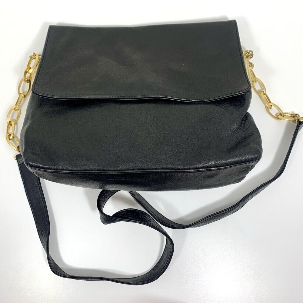 Jay Herbert by SHARIF Black Leather w/ Gold Tone Crossbody Strap Fold Over Snap